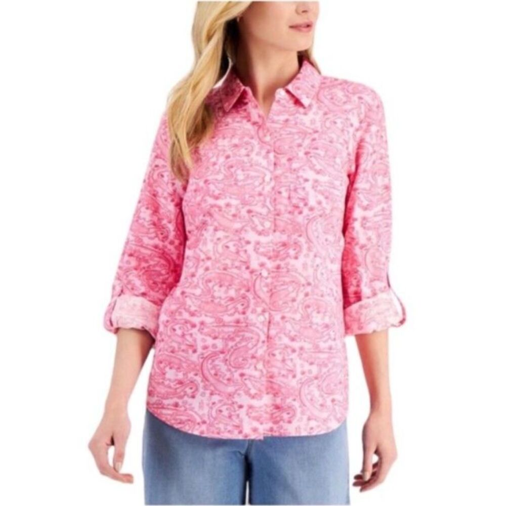 Charter Club Womens NWOT Pink Linen-Blend Alligator Print Button-Up LS Shirt L